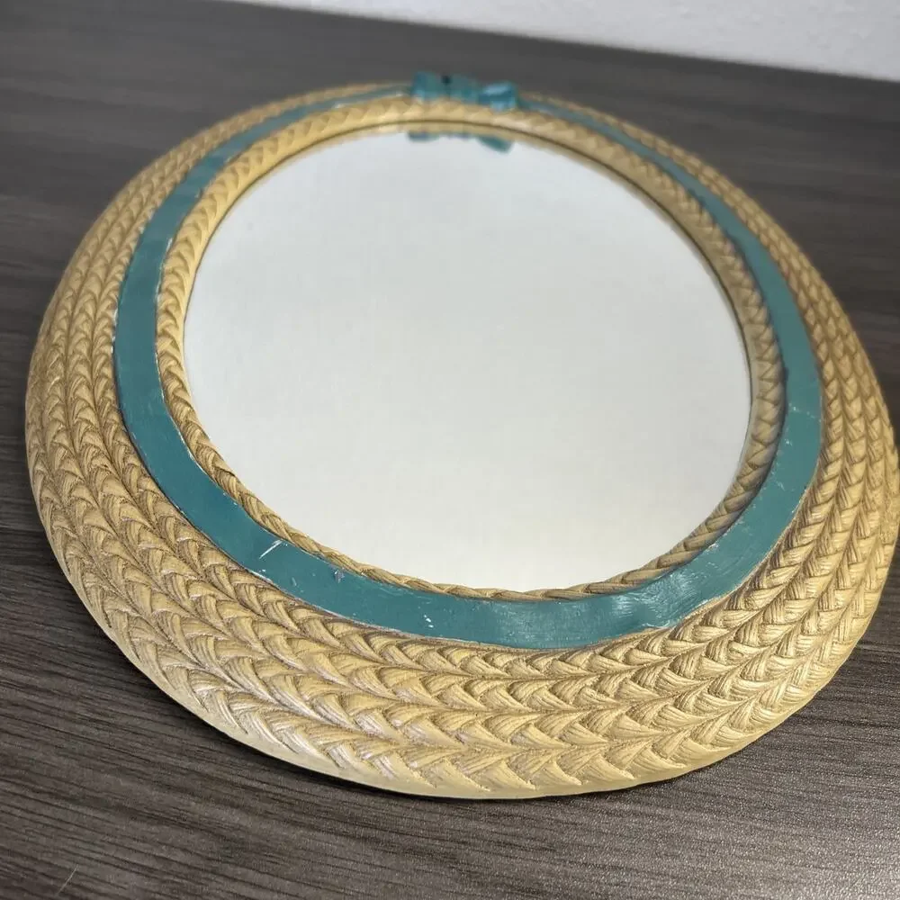 Vintage Burwood Faux Wicker Oval Mirror 2939 Teal Ribbon USA Wall Cottagecore